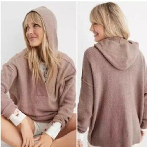 Aerie CozyUp Waffle Knit Hoodie Sweater Size M Cocoa Cream Oversized